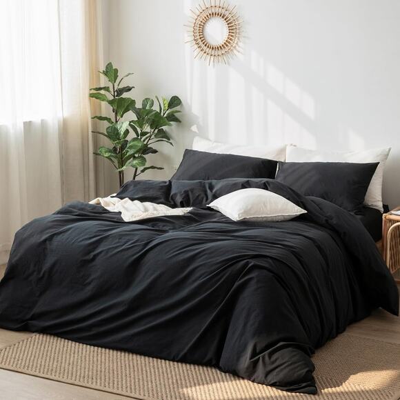 MooMee Bedding Duvet Cover Set 100% Washed Cotton Twill Linen Like Black Queen - Picture 5 of 7